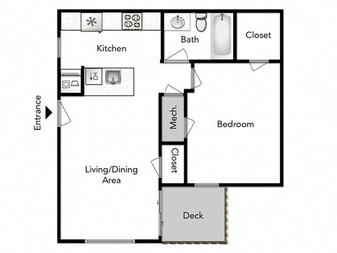 Floor plan for 1 bed, 1 bath, 580 sqft